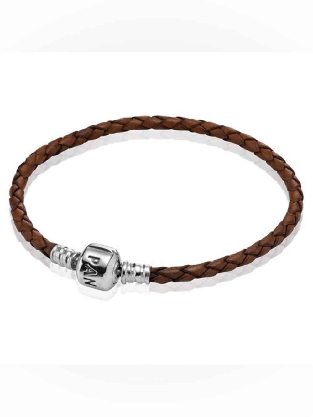 PANDORA (6.9") Single Brown Leather Bracelet Authentic Sterling Silver Woven